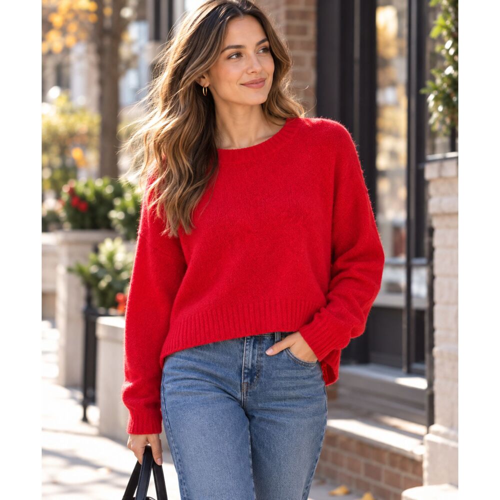 Eileen Fisher Red Terry Cotton Cashmere Sweater – Soft Lightweight Knit – XL